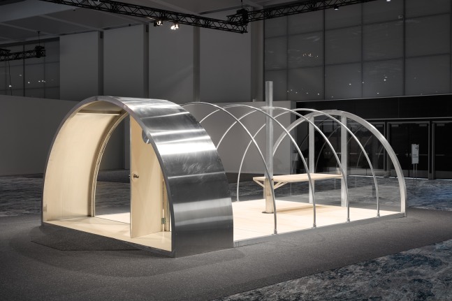 Installation view, Oscar Tuazon, Quonset Tent, Meridians, Art Basel Miami Beach, 2019
