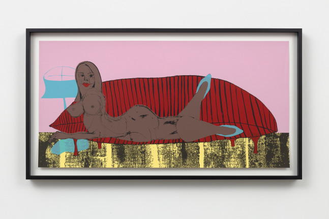 Home Alone - Brown Skin Girl on Red Couch

2023

Water-based screenprinting ink on Saunders paper

Unique

Sheet 61 x 120.5 cm / 24 x 47 1/2 in

Frame 72 x 131.5 x 5 cm / 28 3/8 x 51 7/8 x 2 in

&amp;copy; Tschabalala Self