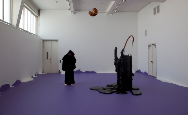 Installation view of sculptures by Urs Fischer, Mark Handforth, and Georg Herold