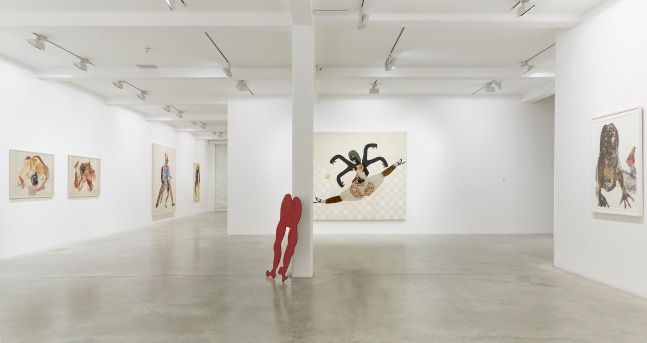Installation view of paintings and sculptures by Tschabalala Self