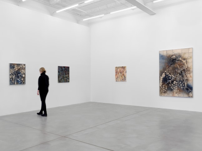 Installation view of Sam Falls paintings and ceramic reliefs exhibition