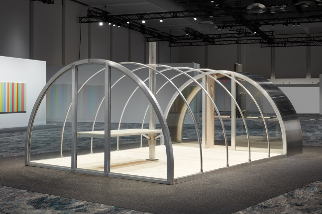 Installation view, Oscar Tuazon, Quonset Tent, Meridians, Art Basel Miami Beach, 2019