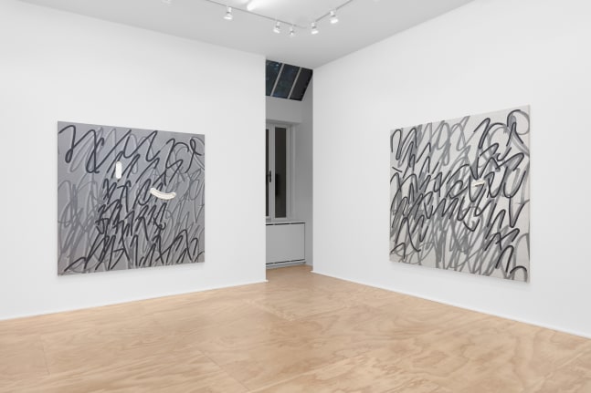 Installation view of paintings by Amy Feldman