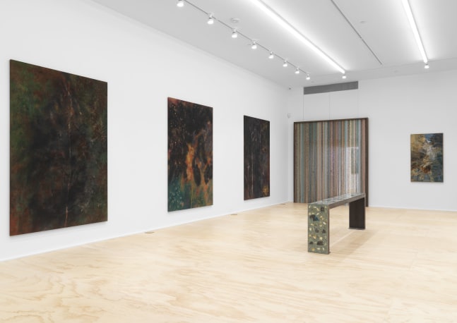 Installation view of Sam Falls paintings and sculptures exhibition