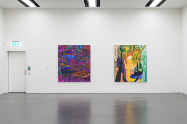 installation view of colorful paintings by Shara Hughes