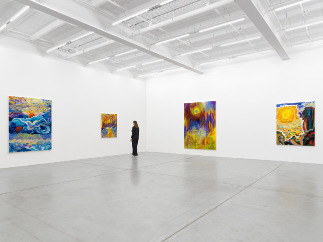 Installation view of Shara Hughes paintings