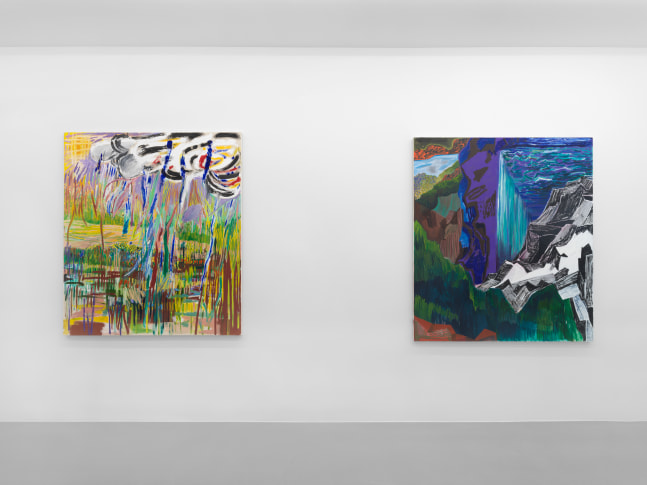 Installation view of Shara Hughes paintings and works on paper exhibition