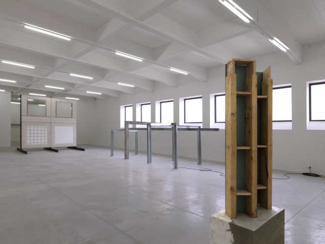 Installation view of sculptures by Oscar Tuazon