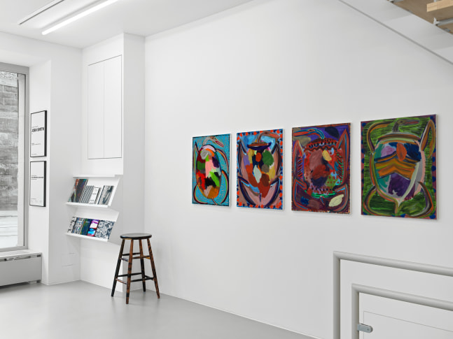 Installation view of Josh Smith paintings, monotypes, and ceramics exhibition