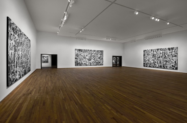 Installation view of black and white paintings by Adam Pendleton