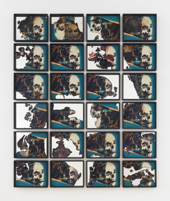 Douglas Gordon Self Portrait of You + Me (Neighborly Love) 2019 Burned print, smoke and mirror; framed 24 parts, each 31 x 39 x 4 cm / 12 1/4 x 15 3/8 x 1 5/8 in Total dims. 201 x 166 x 4 cm / 79 1/8 x 65 3/8 x 1 5/8 in