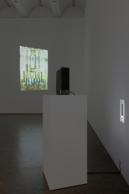 Installation view of videos and sculptures by Trisha Donnelly