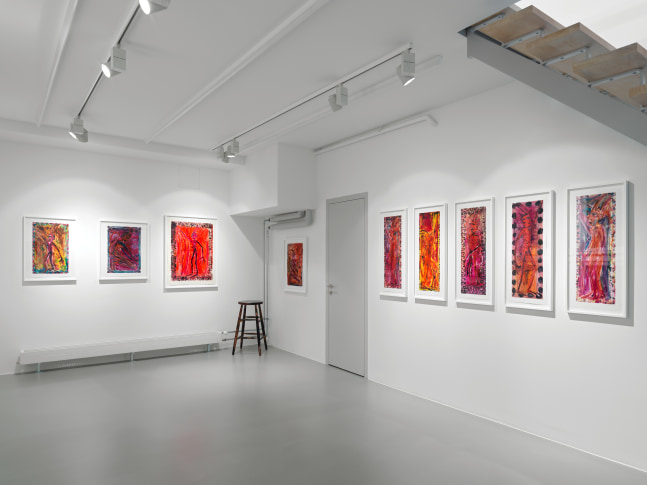Installation view of Josh Smith paintings, monotypes, and ceramics exhibition