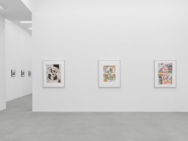 Installation view of Walead Beshty collage, photography, and sculpture exhibition