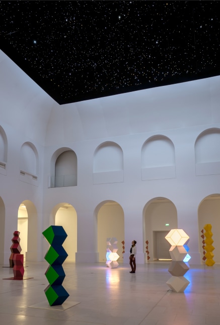 Installation view of sculptures and painting by Angela Bulloch