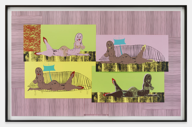 Lonely Girls #2

2023

Collage of water-based screenprinting ink on Saunders paper

Unique

Sheet 174.5 x 281.5 cm / 68 3/4 x 110 3/4 in

Frame 192 x 298.5 x 6.5 cm / 75 1/2 x 117 1/2 x 2 1/2 in

&amp;copy; Tschabalala Self