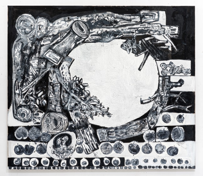 Black, white, grey painting by Tobias Pils, Lovers (sun in the woods) 2019 Acrylic and oil on canvas 201 x 231 x 4 cm / 79 1/8 x 91 x 1 5/8 in