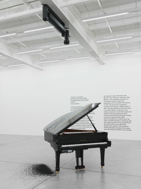 Installation by Liam Gillick, Factories In The Snow (Il Tempo Del Postino) 2007 Yamaha digital piano, midi file, snow machine, artificial black snow Dimensions variable 7:24 min