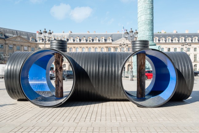 Installation view of sculpture by Oscar Tuazon