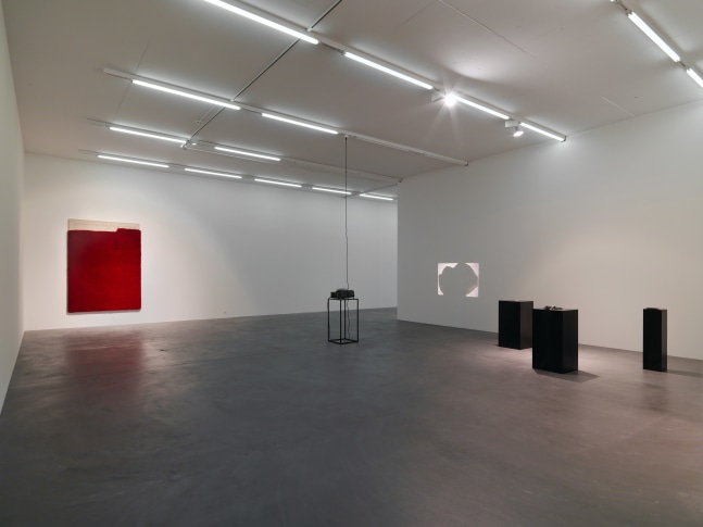 Installation view of paintings, video works and wall works by Latifa Echakhch