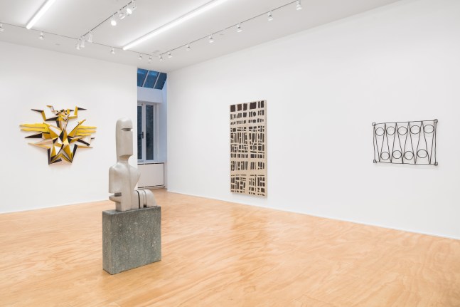 Installation view of sculptures and wall works by Valentin Carron