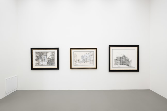 installation view of drawings and paintings by Karen Kilimnik
