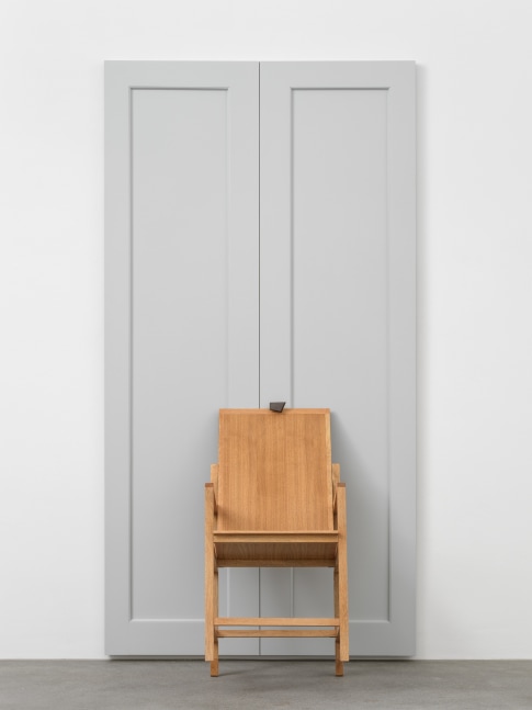 HERE COME THE WAVES 2020 Chair: Sapele and oak veneered mdf Door: Tulipwood and birch ply, welded steel, brass Chair 50.5 x 50 x 82 cm / 19 7/8 x 19 5/8 x 32 1/4 in Door 237 x 124 x 10 cm / 93 1/4 x 48 7/8 x 3 7/8 in