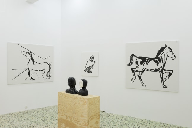 Installation view of Joe Bradley painting and sculpture exhibition