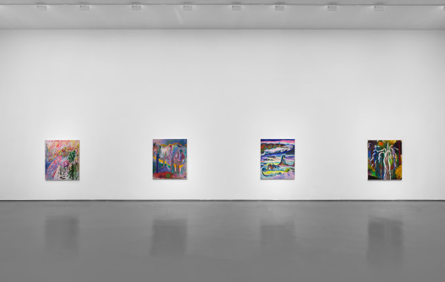 Installation view of paintings by Shara Hughes
