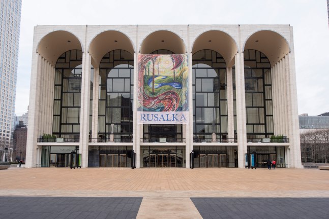 Installation view of an Exhibition Banner by Shara Hughes on the Outside of the Building