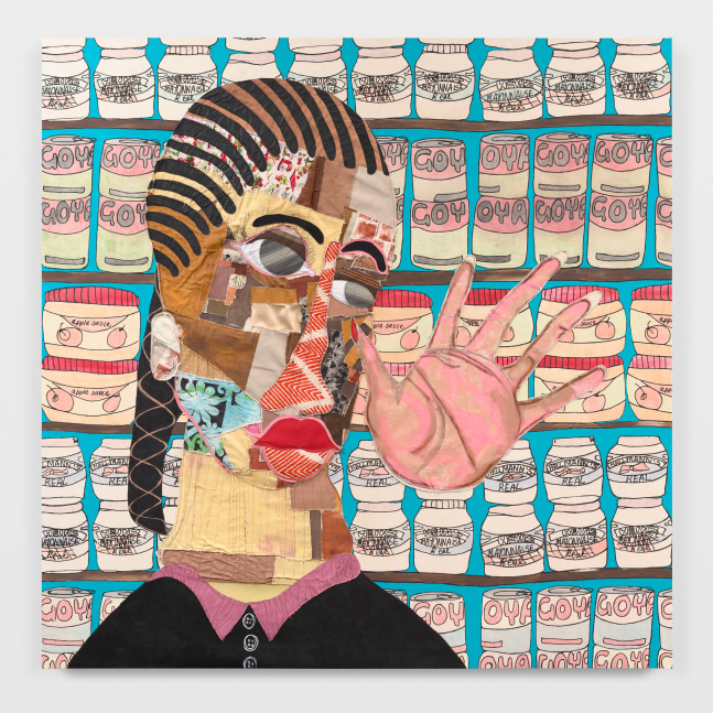 Customer 6 

2024

Acrylic, colored pencil, oil pastel, fabric, painted canvas and thread on canvas

244 x 244 cm / 96 x 96 in

&amp;copy; Tschabalala Self