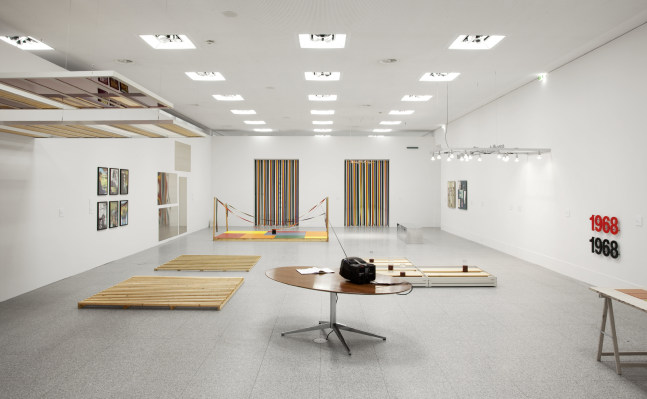Installation view of sculptures by Liam Gillick