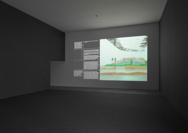 Installation view of video work by Liam Gillick