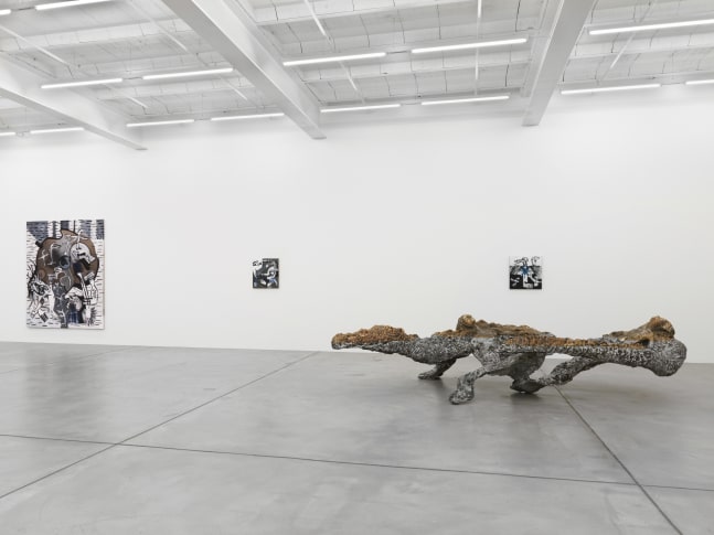 Installation view of group painting, sculpture, and film exhibition