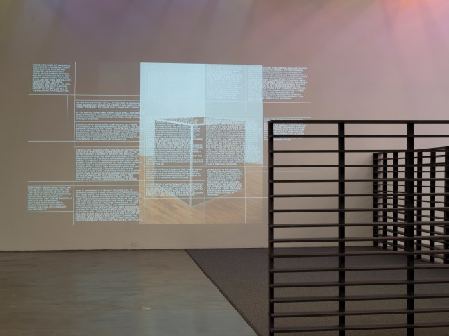 Installation view of sculptures and light installations by Liam Gillick