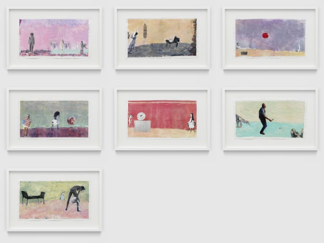 Ohne Titel (Serie f&amp;uuml;r Parkett No. 37)

1990
Collage on painted color copies; 7 parts
Sheet, each 28 x 49.5 cm / 11 x 19 1/2 in
Frame, each 42.5 x 64.5 x 3.5 cm / 16 3/4 x 25 3/8 x 1 3/8 in

&amp;copy; Archiv Franz West / Estate Franz West