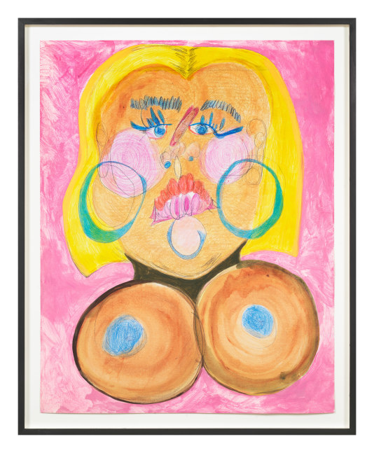 portrait drawing of a woman with pink background by Tschabalala Self