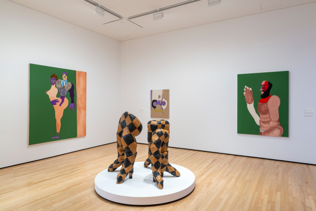 Installation view of paintings and sculptures by Tschabalala Self