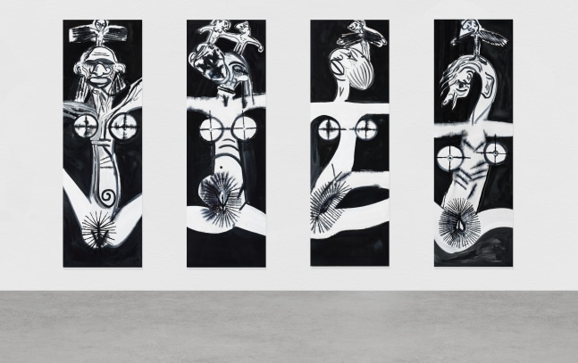 Four black, white, gray paintings by Tobias Pils, Target 1–4 2017 Mixed media on canvas Each 202 x 65 cm / 79 1/2 x 25 5/8 in