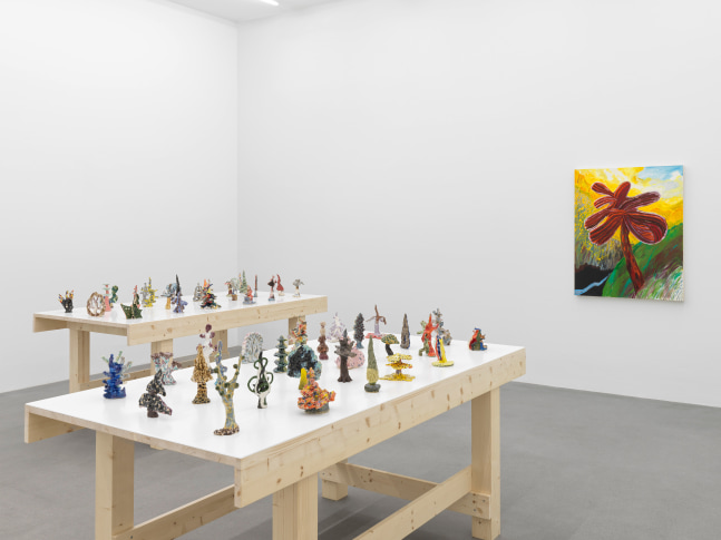 Installation view, Shara Hughes, Tree Farm, Galerie Eva Presenhuber, Waldmannstrasse, Zurich, 2024