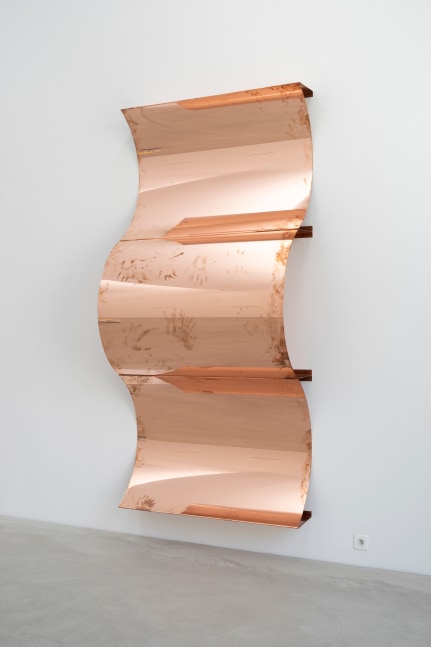 Copper wall sculpture by Walead Beshty, Copper Surrogates (48” x 120” 48 ounce C11000 Copper Alloy, Concave Curve / 48” x 120” 48 ounce C11000 Copper Alloy, Convex Curve / 48” x 120” 48 ounce C11000 Copper Alloy, Concave Curve: January 13-17/August 12, 2020, Winterthur, Switzerland) 2019 Polished copper, 3 parts 1 part, 122 x 84 x 43 cm / 48 x 33 x 17 in 2 parts, each 122 x 84 x 23 cm / 48 x 33 x 9 in