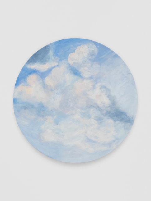 painting of white clouds on a light blue sky on a round canvas by Karen Kilimnik
