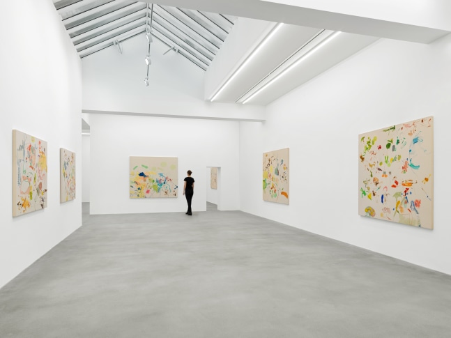 Installation view of Sue Williams painting and collage exhibition
