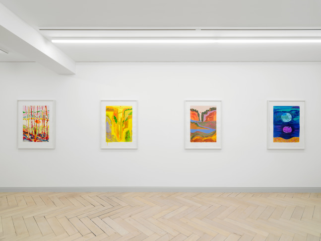 Installation view of Shara Hughes paintings and works on paper exhibition
