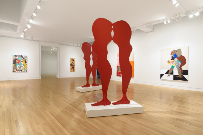 Installation view of paintings and sculptures by Tschabalala Self