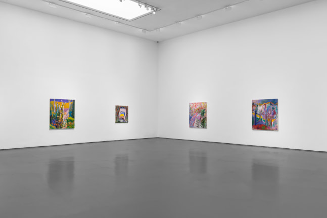 Installation view of paintings by Shara Hughes