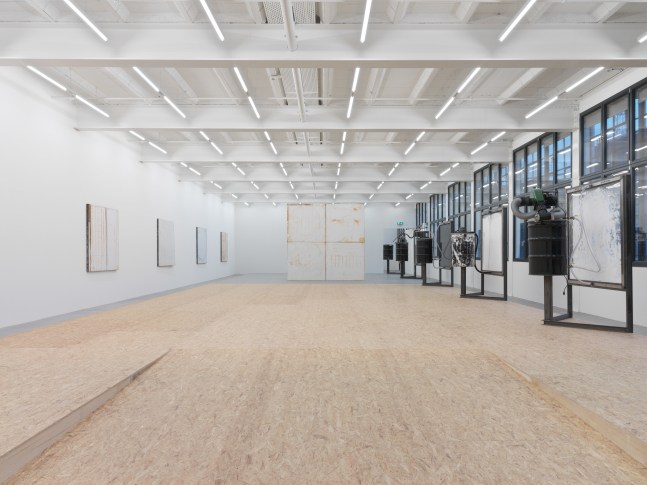 Installation view of Oscar Tuazon sculptures and floor installation exhibition