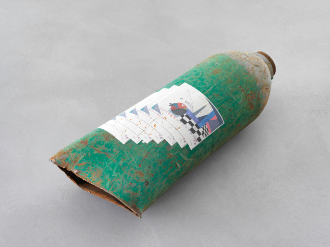 MATIAS&amp;nbsp;FALDBAKKEN&amp;nbsp;
Gas Bottle (Crotti)
2016
Gas bottle cut in half, Lascaux UV-glue, 7 prints on newsprint
65 x 28 x 19 cm / 25 5/8 x 11 x 7 1/2 inches