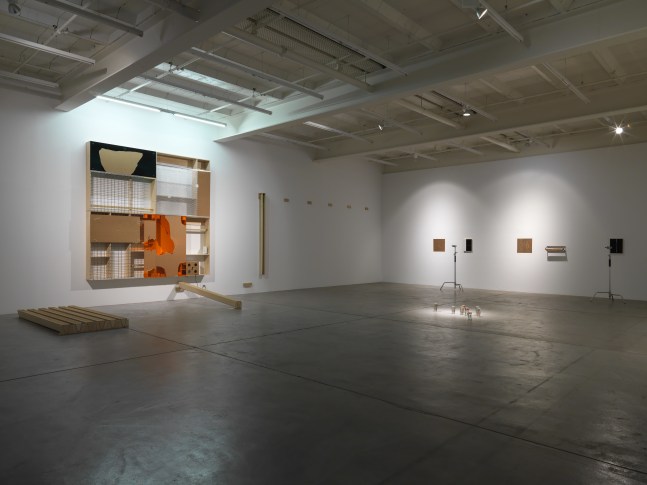 Installation view of Adam Pendleton and Pope.L wall-based works and sculptural installation