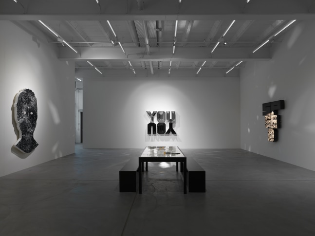 Installation view of Doug Aitken video and sculpture exhibition